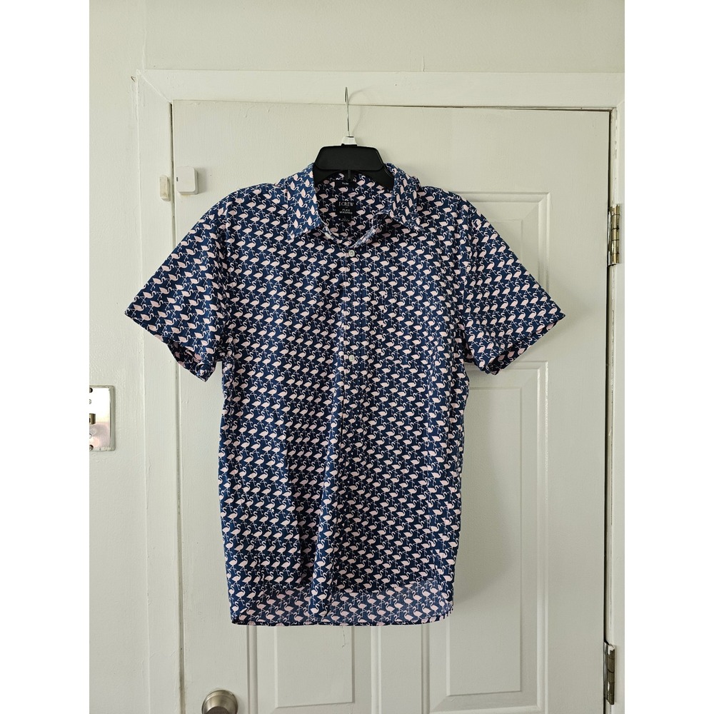 J.Crew Button Down Mens Large Blue Excellent Flamingo Print Short Sleeve Slim